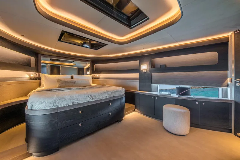 Loloma Yacht Photos Pics Luxurious interior of 2025 Zeelander 7 yacht with modern bedroom design.