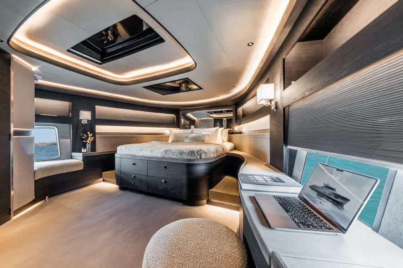 Loloma Yacht Photos Pics Luxurious interior of 2025 Zeelander 7 yacht with modern design and ambient lighting.