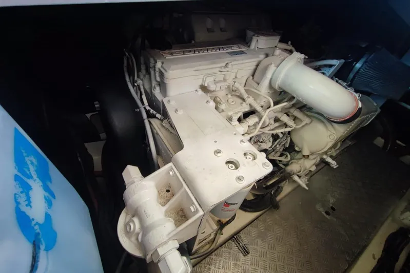  Yacht Photos Pics Engine compartment of a 2007 Prestige 46 yacht, showcasing mechanical components.