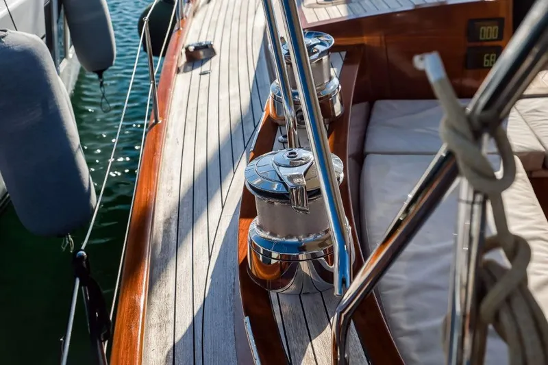 Spirit R74 Yacht Photos Pics Deck of 2014 Spirit R74 yacht with polished winches and wooden finish.