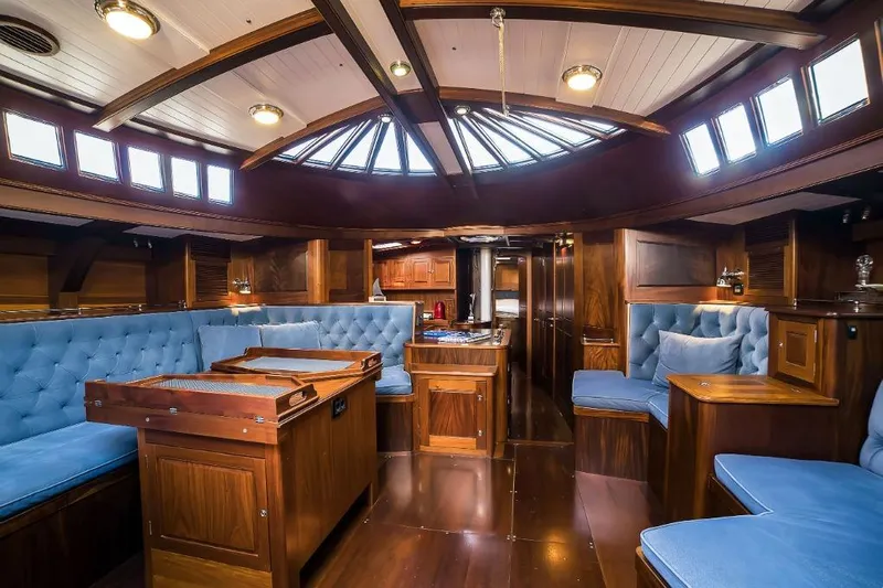 Spirit R74 Yacht Photos Pics Luxurious 2014 Spirit R74 yacht interior with elegant wood and blue upholstery.