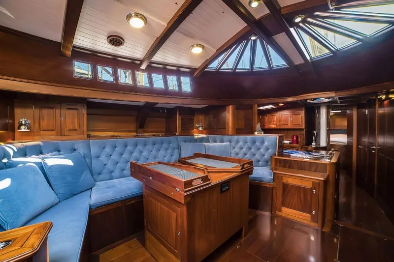 Spirit R74 Yacht Photos Pics Luxurious 2014 Spirit R74 yacht interior with elegant wood and blue upholstery.