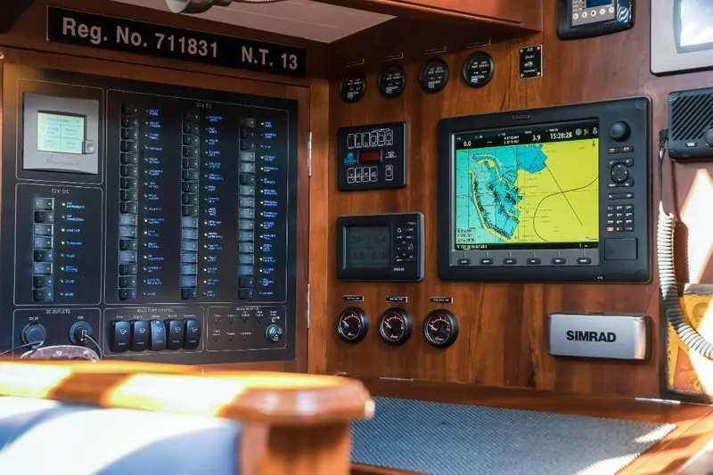 Spirit R74 Yacht Photos Pics Control panel of a 2014 Spirit R74 boat with navigation and monitoring systems.