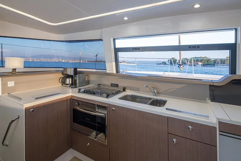  Yacht Photos Pics Modern kitchen interior on 2020 Bali 4.1 yacht with ocean view.