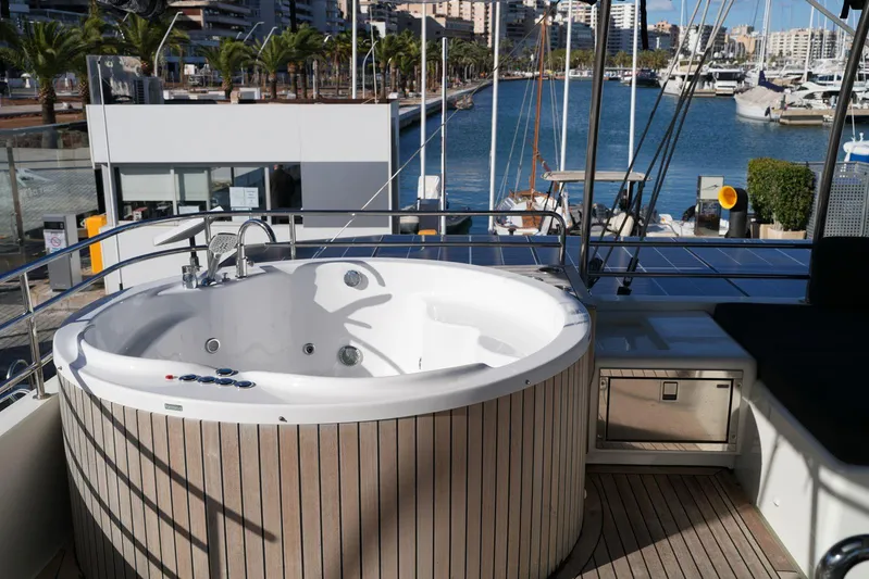 Topdog Yacht Photos Pics Luxurious 2018 Lagoon 560 S2 yacht with jacuzzi on deck, docked in a marina.
