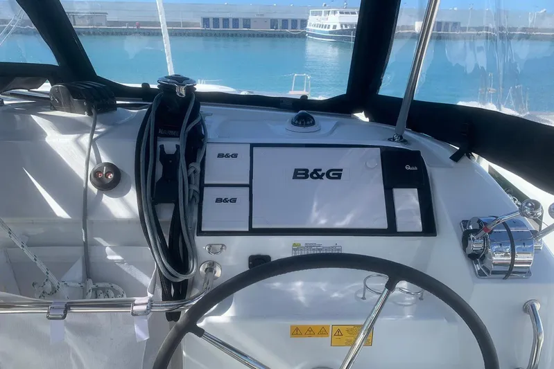  Yacht Photos Pics Cockpit of 2020 Lagoon 40 catamaran with B&G navigation system and steering wheel.