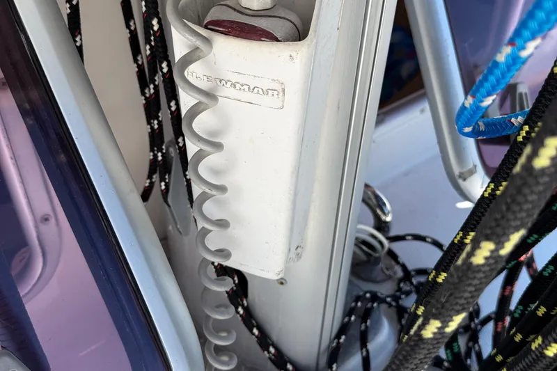 Selah Yacht Photos Pics Close-up of a 2010 Leopard 38 sailboat's rigging and Lewmar equipment.