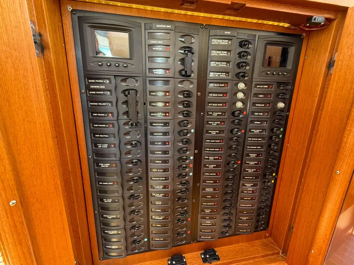 Mystique Yacht Photos Pics Electrical control panel on 2014 Grand Banks 50 Eastbay SX yacht.