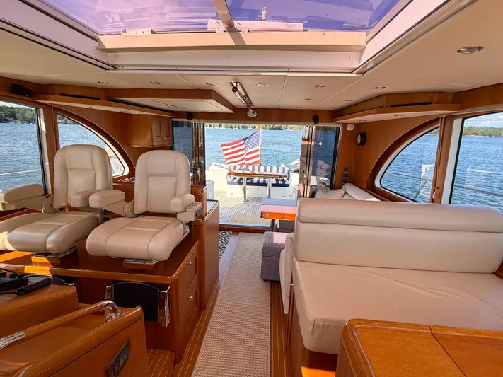 Mystique Yacht Photos Pics Luxurious interior of 2014 Grand Banks 50 Eastbay SX yacht with scenic water view.