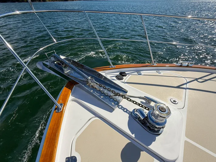 Mystique Yacht Photos Pics Bow of 2014 Grand Banks 50 Eastbay SX yacht with anchor and winch system.