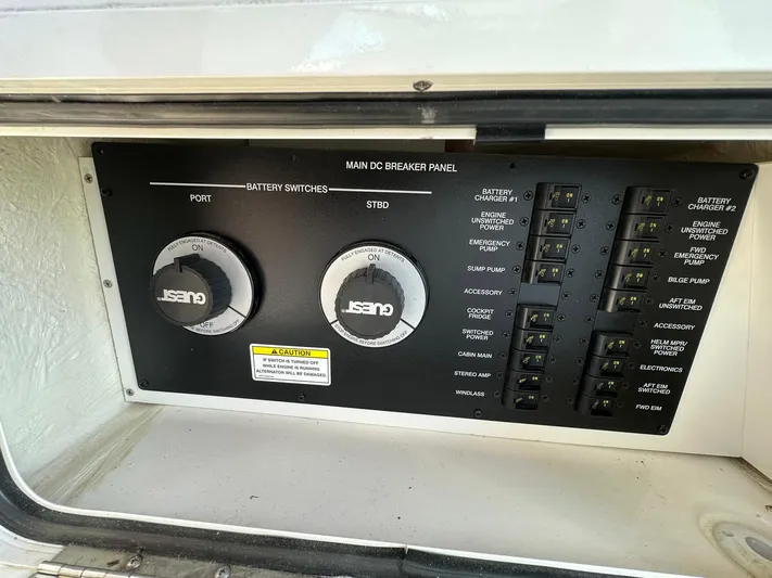 Harborviewbayview Yacht Photos Pics Main DC breaker panel on 2016 Sea Ray 330 Sundancer boat, featuring battery switches and circuit controls.