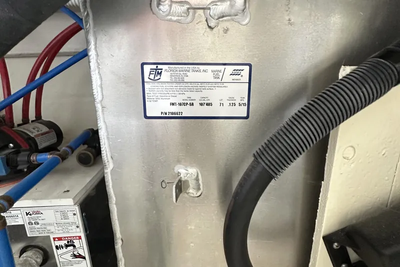 Harborviewbayview Yacht Photos Pics Engine compartment of 2016 Sea Ray 330 Sundancer with marine fuel tank label.