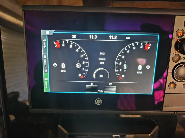  Yacht Photos Pics Digital dashboard display of a 2021 Statement 350 Open boat, showing RPM and battery voltage.