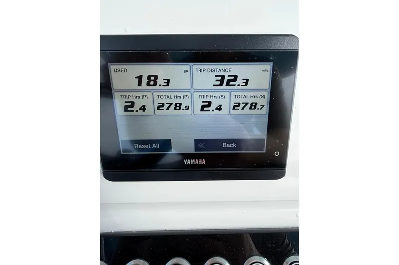 Yacht Photos Pics Yamaha display showing fuel usage and trip data on 2023 Contender 28 Sport boat.