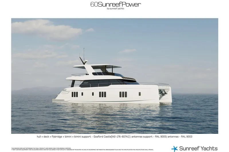  Yacht Photos Pics 2026 60 Sunreef Power yacht on calm sea under clear sky.