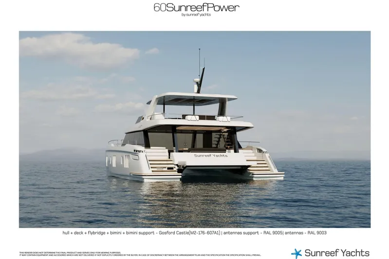  Yacht Photos Pics 2026 60 Sunreef Power yacht on calm sea, showcasing luxury design and modern features.