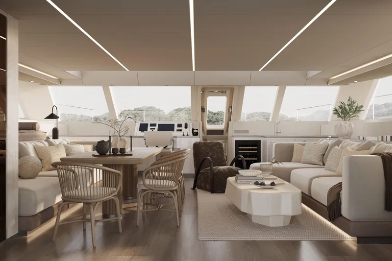  Yacht Photos Pics Luxurious interior of 2026 60 Sunreef Power yacht with modern furnishings and elegant design.