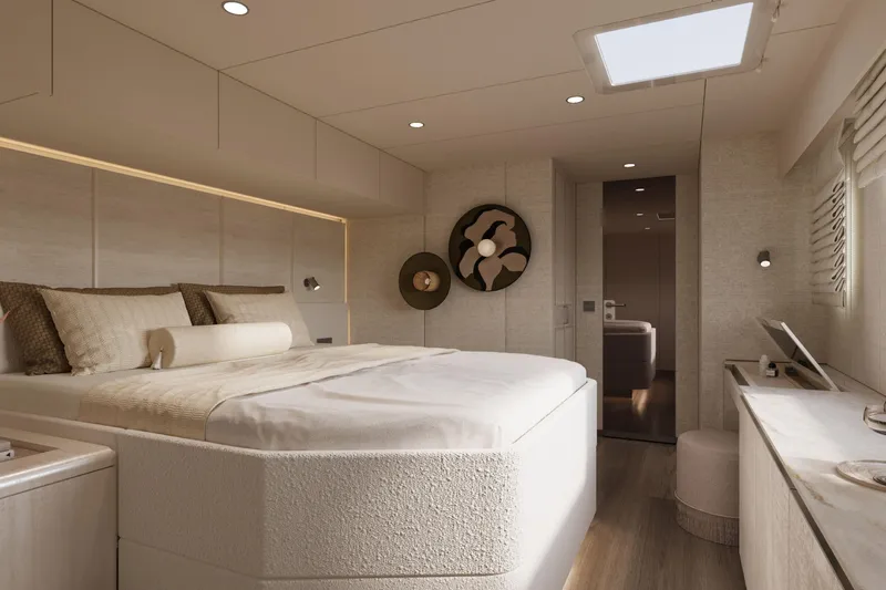 Yacht Photos Pics Luxurious bedroom interior of 2026 60 Sunreef Power yacht, featuring elegant design and modern amenities.