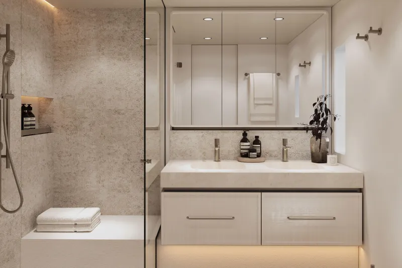  Yacht Photos Pics Luxurious bathroom interior of 2026 60 Sunreef Power yacht, featuring modern fixtures and elegant design.