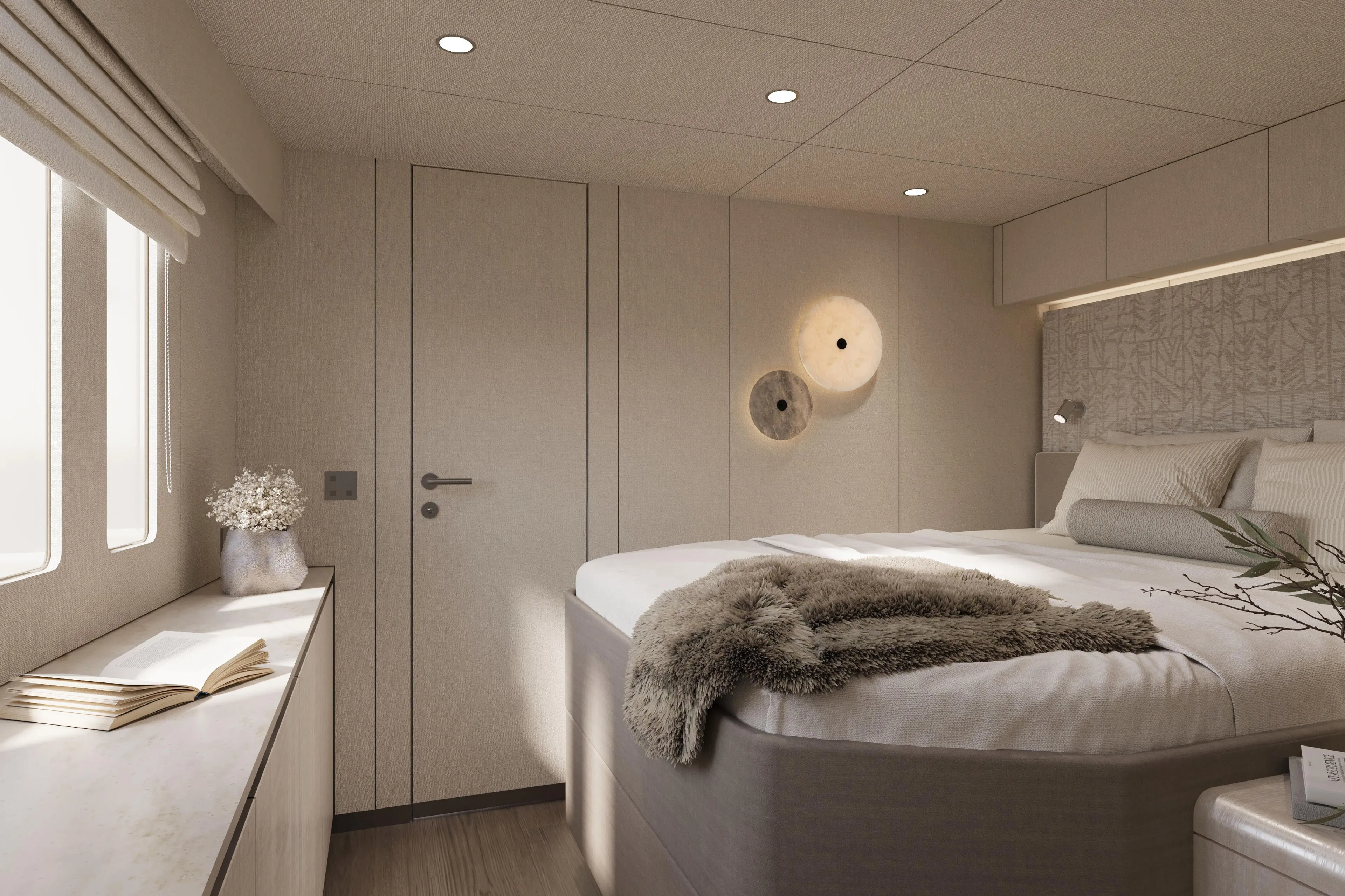  Yacht Photos Pics Luxurious bedroom interior of 2026 60 Sunreef Power yacht, featuring elegant decor and soft lighting.