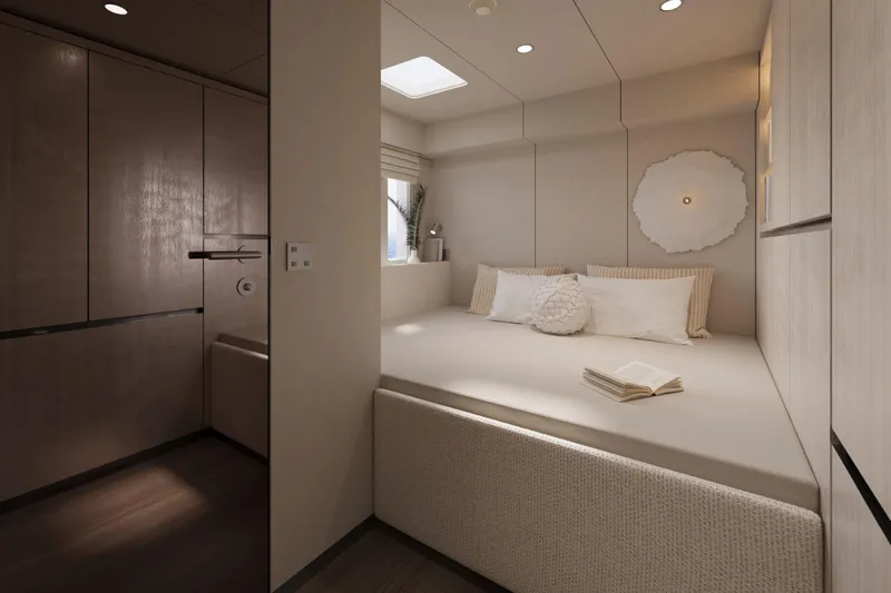  Yacht Photos Pics Luxurious bedroom interior of 2026 60 Sunreef Power yacht, featuring elegant design and cozy ambiance.