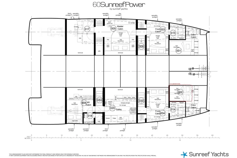  Yacht Photos Pics Floor plan of 2026 60 Sunreef Power yacht, showcasing cabin and layout details.