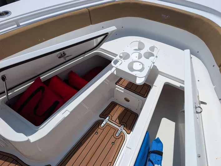 Under Pressure Yacht Photos Pics 2020 Sea Hunt Gamefish 30 boat interior with storage compartments and cup holders.