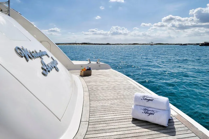  Yacht Photos Pics Luxury yacht deck with towels, ocean view; ISA 120 Sport, 2008 model.