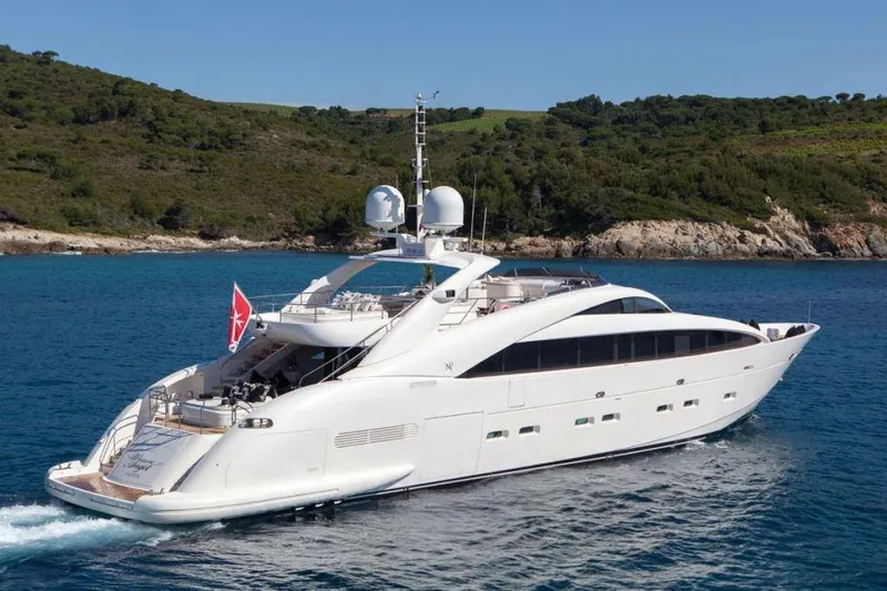  Yacht Photos Pics Luxury 2008 ISA 120 Sport yacht cruising in scenic coastal waters.