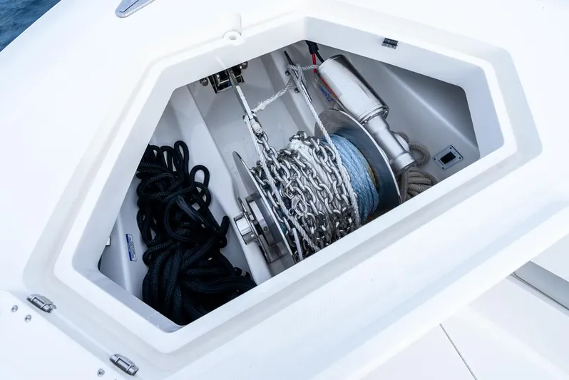  Yacht Photos Pics 2024 SeaVee 450z anchor locker with chain and rope storage.