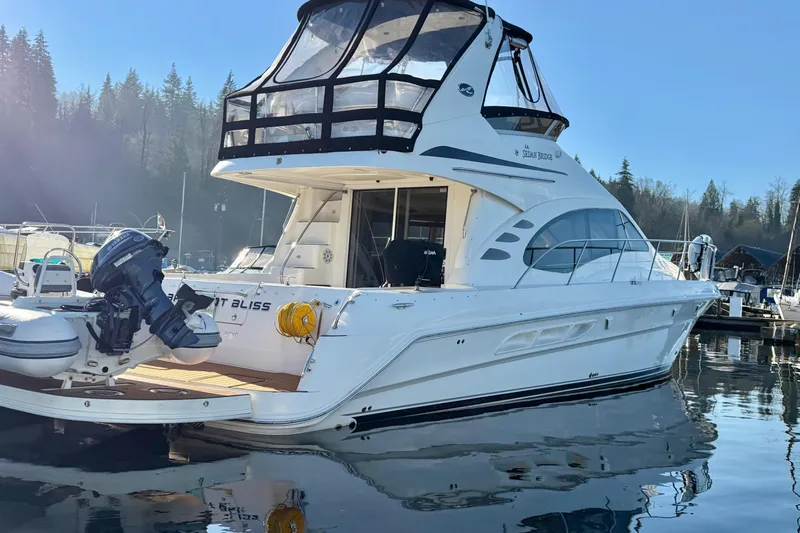 Barefoot Bliss Yacht Photos Pics 2007 Sea Ray 44 Sedan Bridge yacht docked in a serene marina setting.
