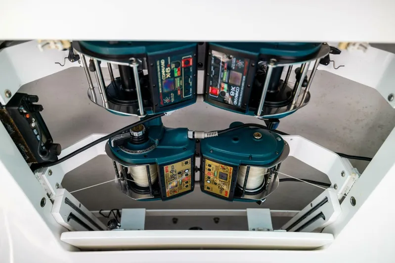 Mighty Mouse Yacht Photos Pics Fishing reels on a 2011 Viking 70 Convertible boat, showcasing advanced equipment.