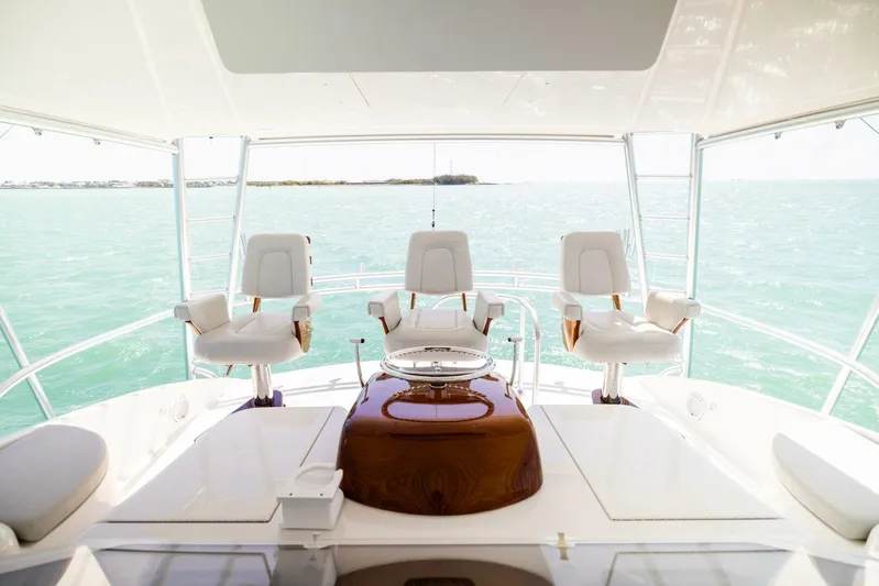 Mighty Mouse Yacht Photos Pics Luxury helm of 2011 Viking 70 Convertible yacht with ocean view.