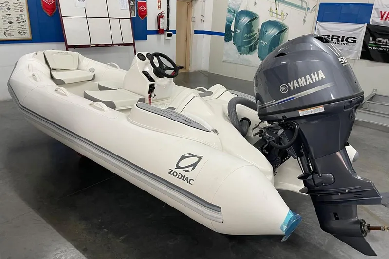  Yacht Photos Pics Inflatable Zodiac boat with Yamaha outboard motor in showroom, KRC Yachting KRC57, 2025 model.