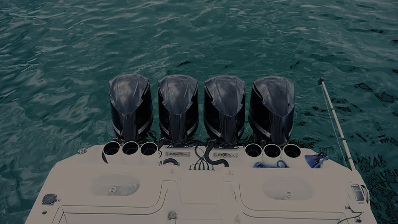  Yacht Photos Pics 2018 SeaHunter 45 Tournament boat with four powerful outboard engines on the water.