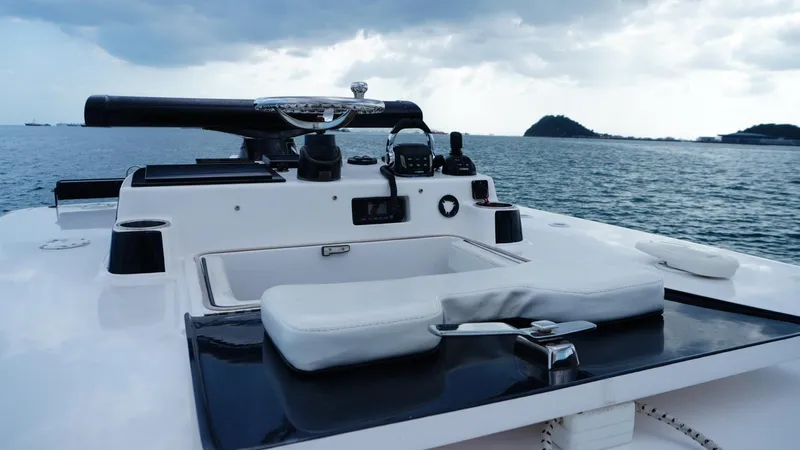  Yacht Photos Pics 2018 SeaHunter 45 Tournament boat dashboard with ocean view and distant islands.