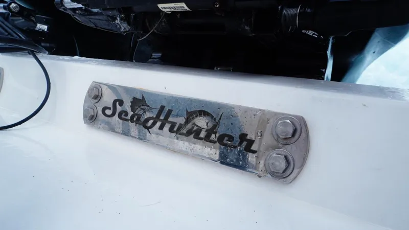  Yacht Photos Pics 2018 SeaHunter 45 Tournament boat nameplate with logo and bolts.