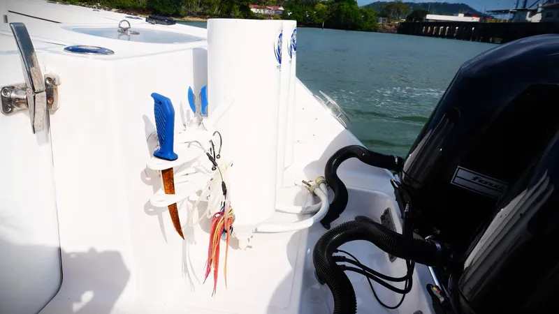 Yacht Photos Pics 2018 SeaHunter 45 Tournament boat with fishing gear and engine, docked by the water.