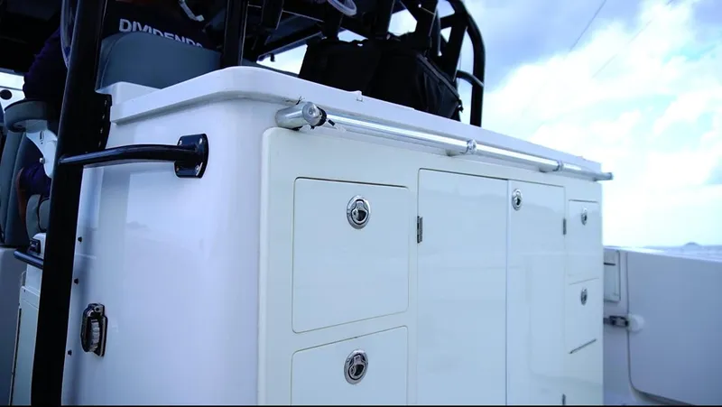  Yacht Photos Pics 2018 SeaHunter 45 Tournament boat interior with storage compartments and sleek design.