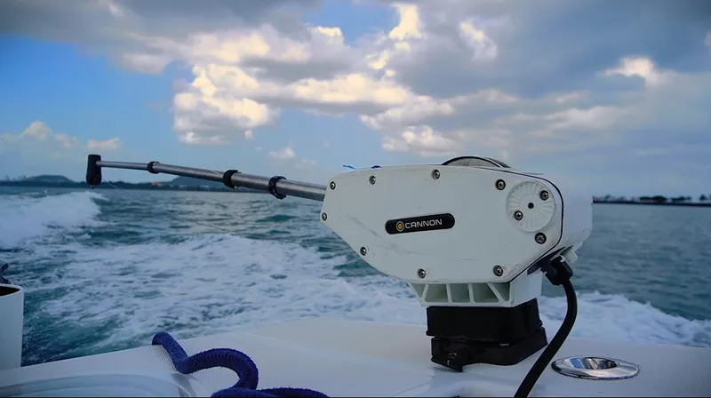  Yacht Photos Pics 2018 SeaHunter 45 Tournament boat on water, featuring a Cannon downrigger under a cloudy sky.