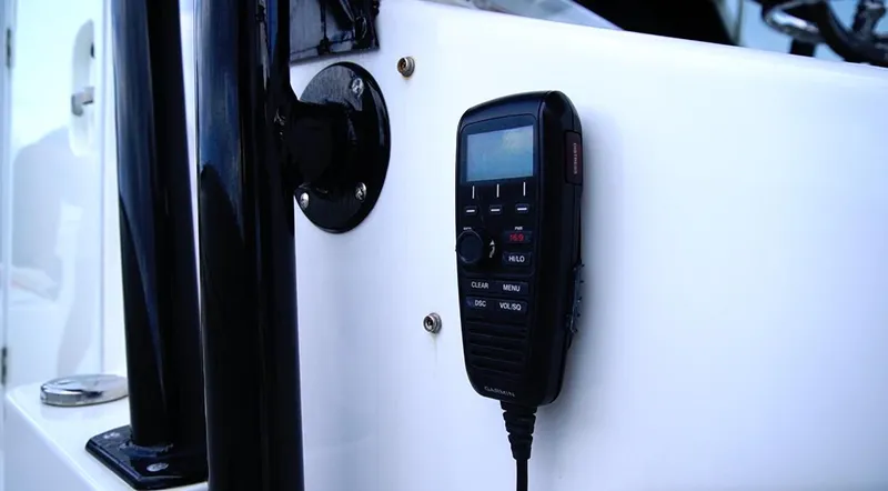  Yacht Photos Pics Marine radio mounted on a 2018 SeaHunter 45 Tournament boat console.