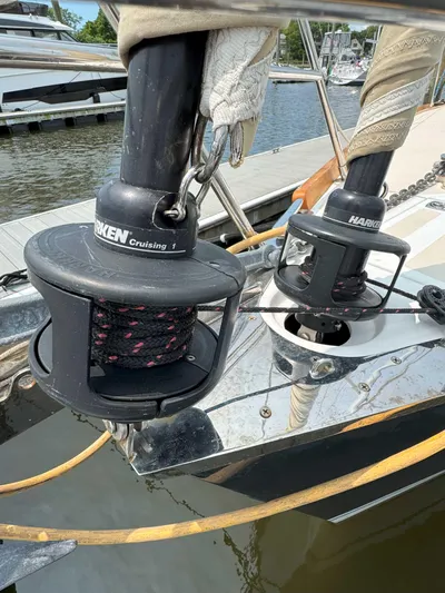 Side Aye Yacht Photos Pics Sailboat winches on a 2009 Tartan 3400, docked at a marina.