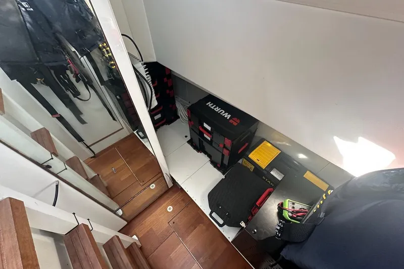 Three Bears Yacht Photos Pics Storage area on 2012 Fairline Targa 58 yacht with tools and equipment.