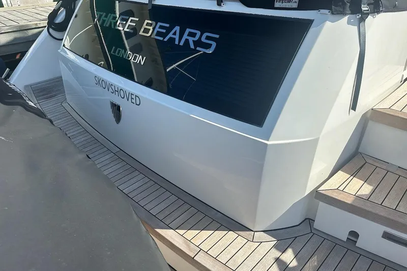 Three Bears Yacht Photos Pics 2012 Fairline Targa 58 yacht with teak deck, named "Three Bears," docked in Skovshoved.