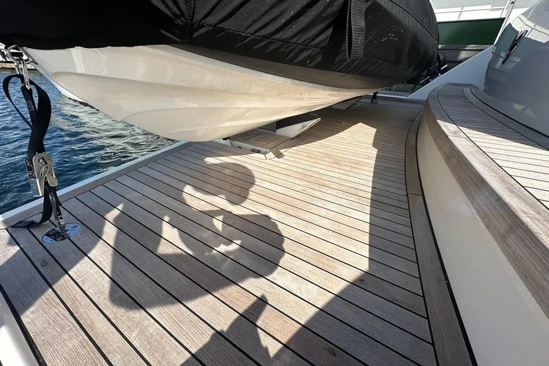 Three Bears Yacht Photos Pics Fairline Targa 58 yacht deck, 2012 model, with shadows and water view.