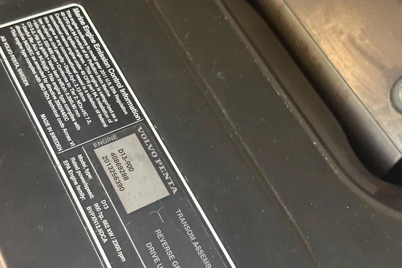 Three Bears Yacht Photos Pics Engine information label on a 2012 Fairline Targa 58 with Volvo Penta details.