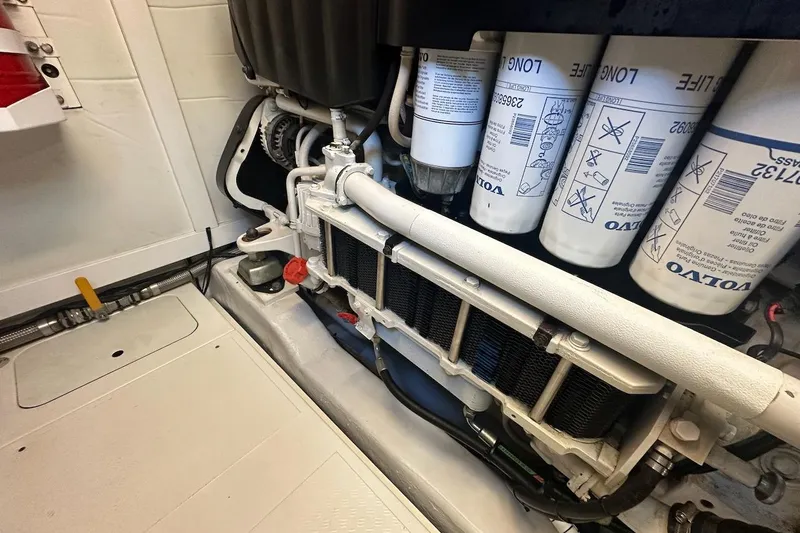 Three Bears Yacht Photos Pics Engine room of 2012 Fairline Targa 58 with Volvo filters and components.