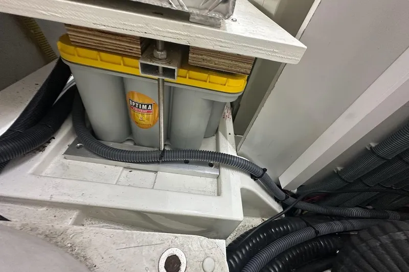 Three Bears Yacht Photos Pics Battery compartment of a 2012 Fairline Targa 58 yacht with Optima battery.