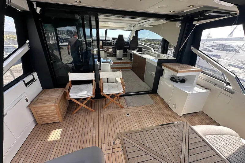 Three Bears Yacht Photos Pics Luxurious 2012 Fairline Targa 58 yacht interior with wooden deck and modern seating.