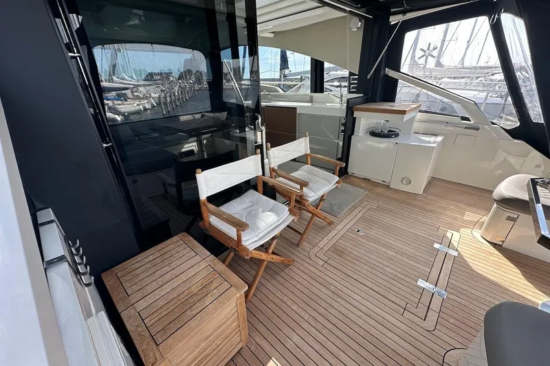 Three Bears Yacht Photos Pics Luxurious 2012 Fairline Targa 58 yacht interior with wooden deck and comfortable seating.